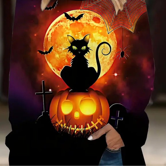 🎃 Halloween Cat Print Crew Neck T-Shirt - Picture 1 of 8
